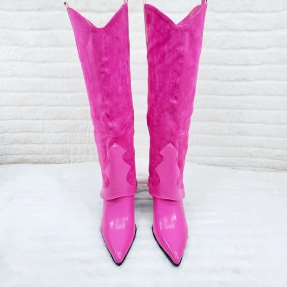 Branded Fuchsia Pink Skirted Fold Over Western Shark  Knee High Cowgirl Boots - Picture 7 of 11